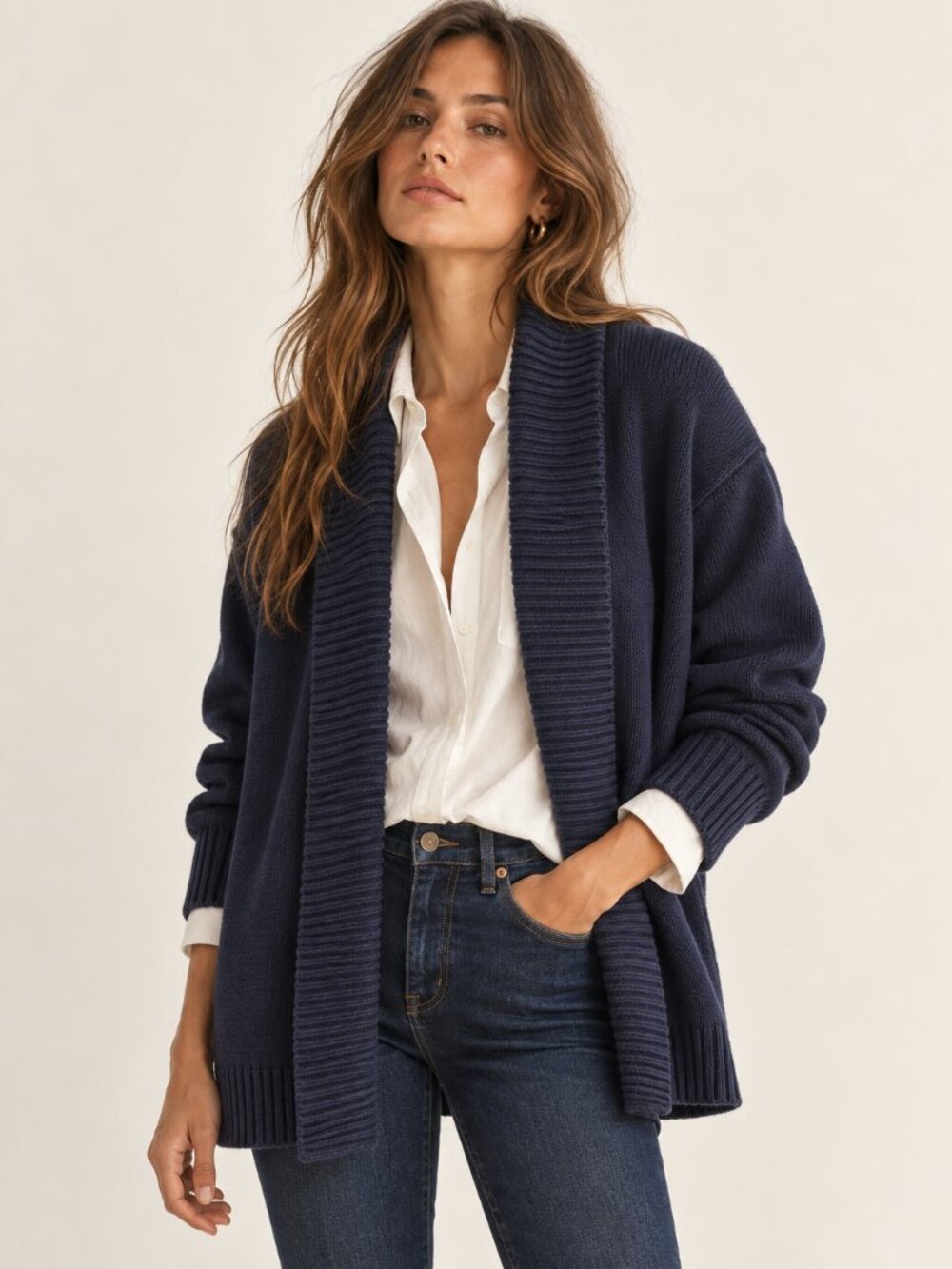 J.Crew Navy Blue Cotton Shawl Collar Open Front Cardigan Sweater Size S